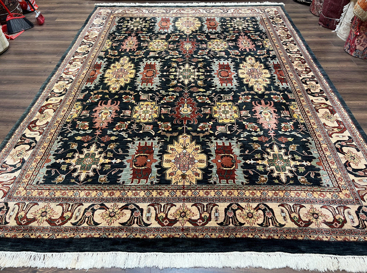 Indo Persian Mahal Rug 9x12, Dark Green and Cream Hand Knotted Wool Oriental Carpet, Floral Allover, Vintage Traditional Handmade Room Sized - Jewel Rugs, view 2