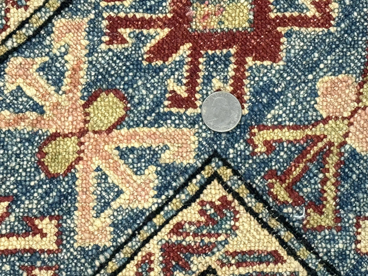 Turkish Kazak Rug 4x6, Handmade Vintage Wool Carpet, Geometric Design, Red and Light Blue - Jewel Rugs, view 12