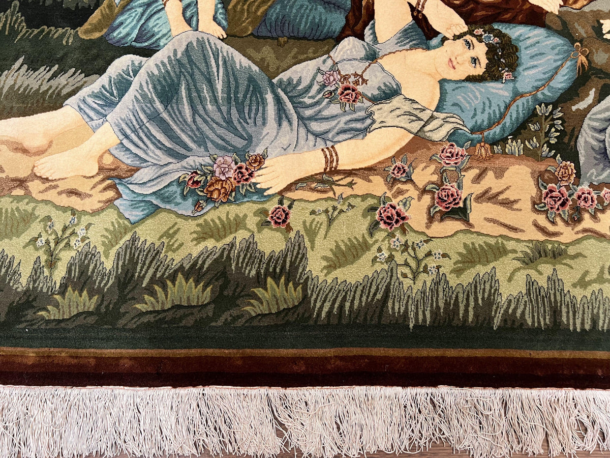 Persian Tabriz Pictorial Rug 5x3, Women Laying By River, Super Fine 60 Raj 480+ KPSI, Hand Knotted Wool Rug, Semi Antique Vintage Oriental Carpet - Jewel Rugs, view 5
