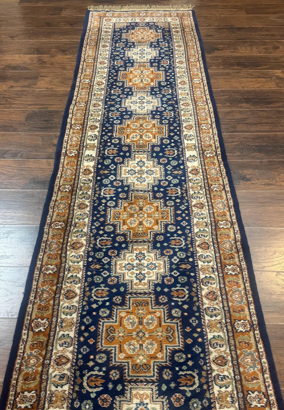 Indo Persian Runner Rug 2.6 x 12.7, Indian Kashmiri Runner for Hallway or Kitchen, Navy Blue, Geometric Medallions, Handmade Wool - Jewel Rugs, view 12