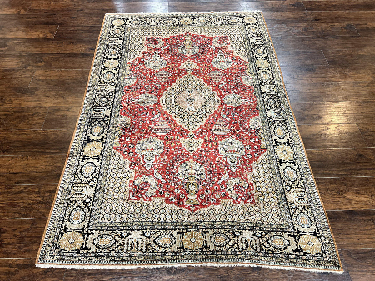 Wonderful Persian Silk Rug 5x7, Birds Floral Vases, Red, Hand Knotted Silk Fine Oriental Carpet, Handmade Vintage, Persian Qum Rug, 400 KPSI - Jewel Rugs, view 12