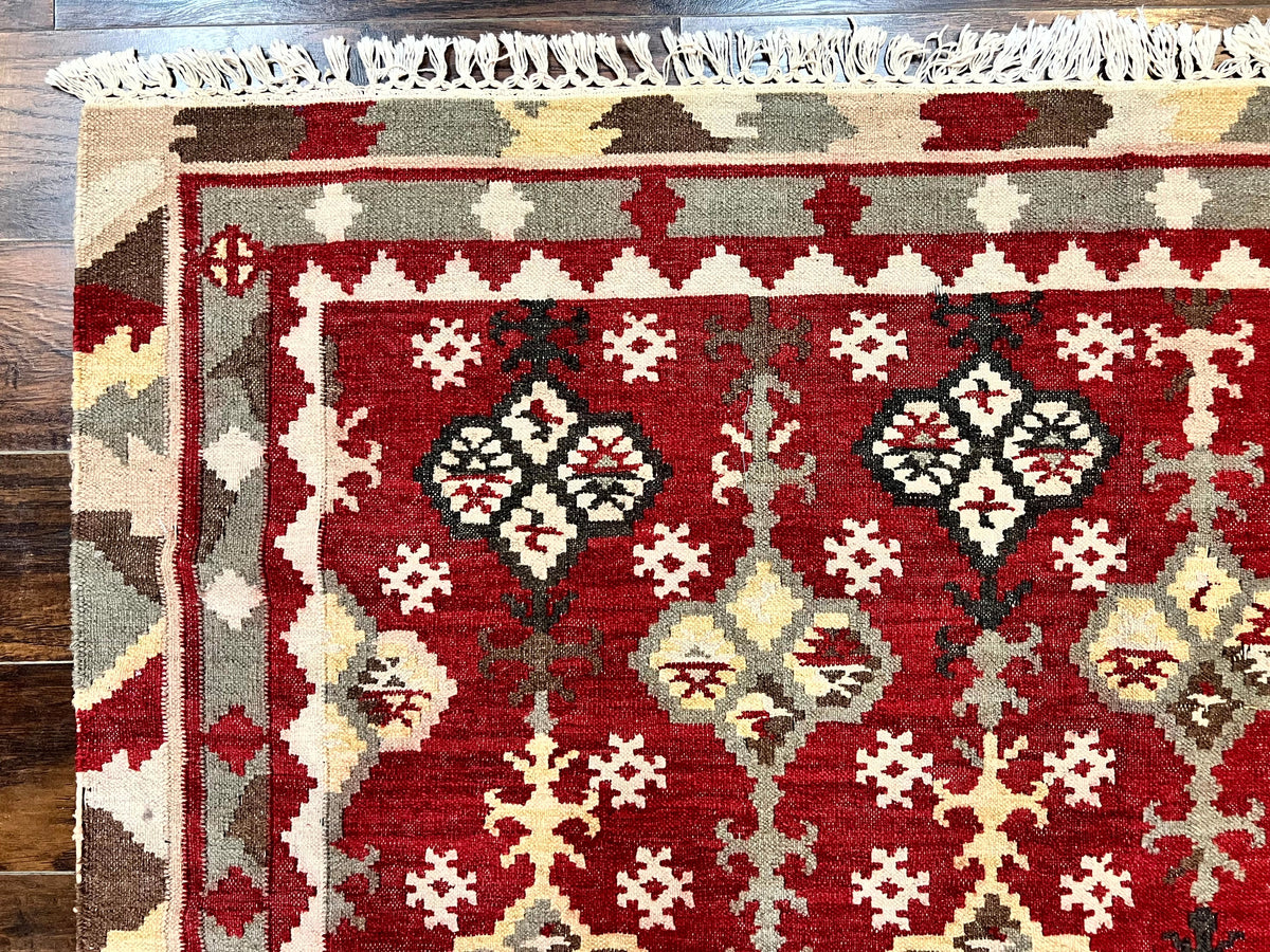 Indian Kilim Rug 6x6, Square Kilim Flatweave Carpet, Vintage Handmade Wool Rug, Red - Jewel Rugs, view 7
