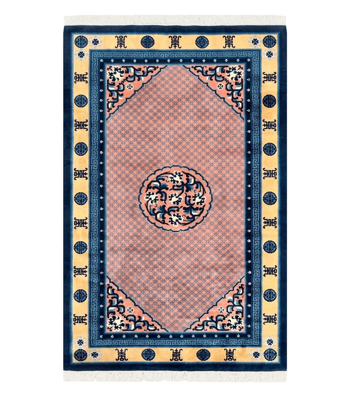 Chinese Peking Rug 5x8, Vintage Semi Antique Chinese Art Deco Carpet, Wool Pile Light Red/Salmon Gold Navy Blue, Handmade Asian Oriental Rug - Jewel Rugs