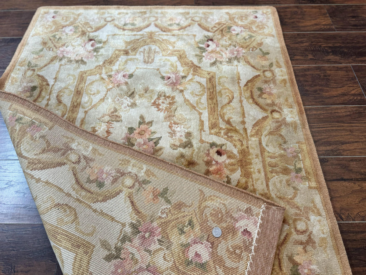 Chinese Aubusson Rug 3.6 x 5, Beige and Gold, Handmade Vintage Elegant European Design Carpet, Plush Wool, Handmade - Jewel Rugs, view 12