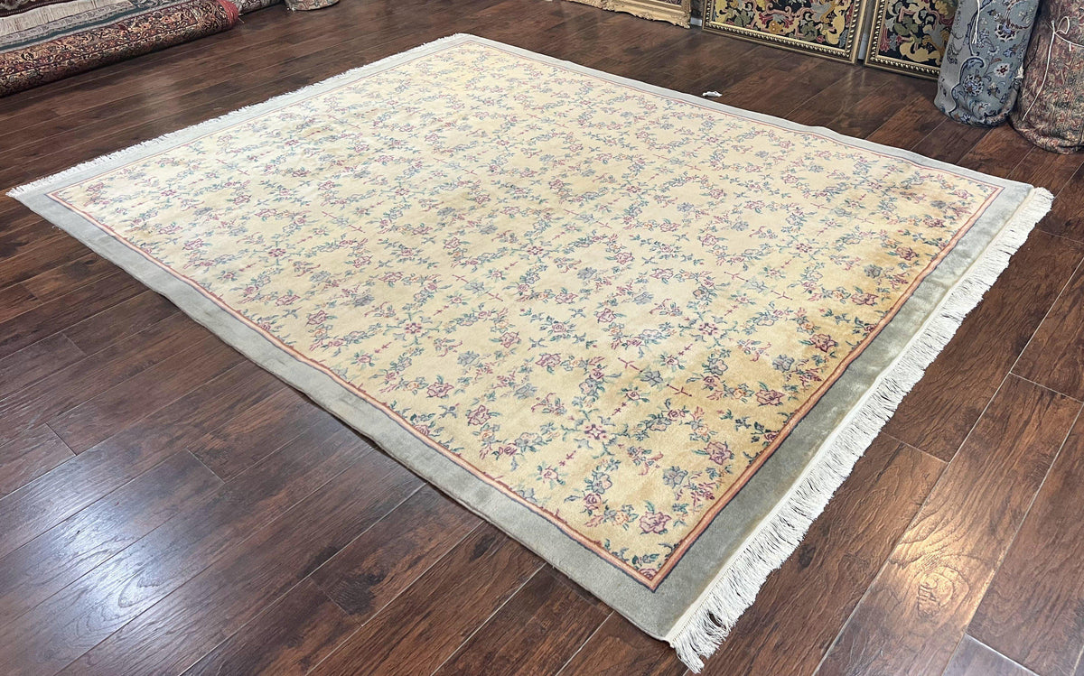 Sino Persian Rug 8x10, Floral, Oatmeal and Light Teal, Handmade Wool Vintage Carpet - Jewel Rugs, view 3