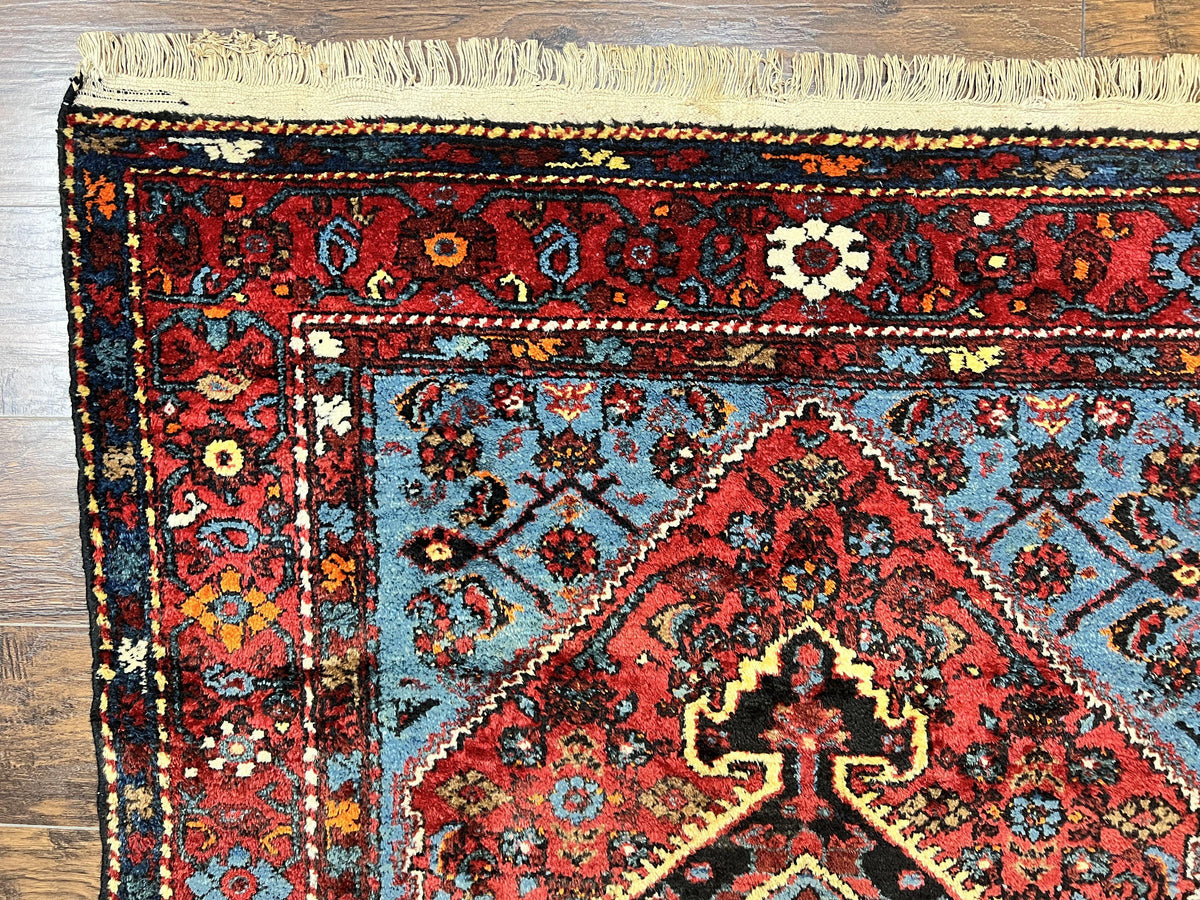 Antique Persian Tribal Rug 4x7, Wool Handmade 1920s Carpet, Red Blue, Persian Hamadan Rug - Jewel Rugs, view 6