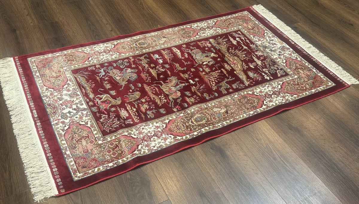 Turkish Silk Rug 3x5, Hunting Design, Dark Red & Ivory, Bamboo Silk, New - Jewel Rugs, view 3