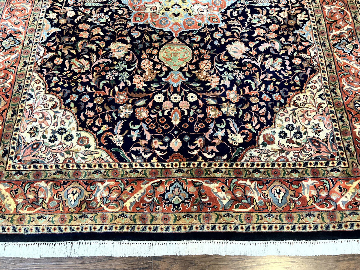 Indo Persian Rug 8x10, Midnight Blue & Red, Handmade Vintage Wool Carpet, Floral Medallion - Jewel Rugs, view 6