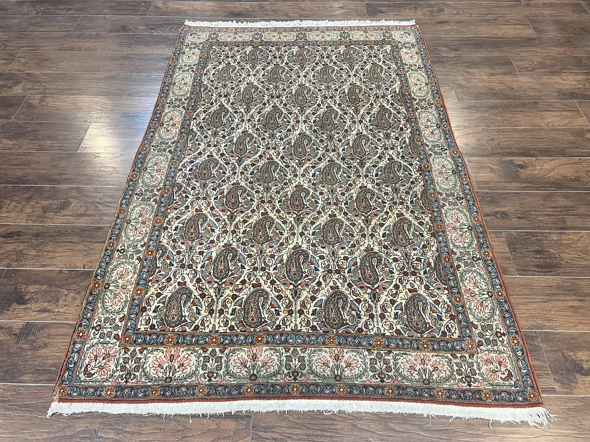 Persian Qum Rug 5x6, Cream Wool Hand Knotted Carpet, Repeated Boteh Paisely Design, Semi Antique Vintage Rug, Very Fine Weave 5 x 6 Rug - Jewel Rugs, view 2
