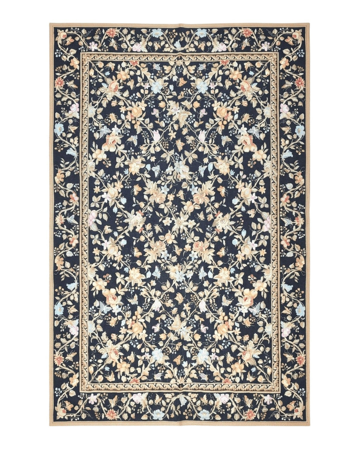 6x9 Vintage Needlepoint Rug, Petitepoint Carpet, Butterflies Floral Design - Jewel Rugs