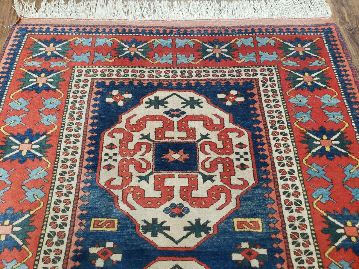 Turkish Kazak Rug 5x6 Vintage Handmade Wool Carpet Geometric Blue Red - Jewel Rugs, view 5
