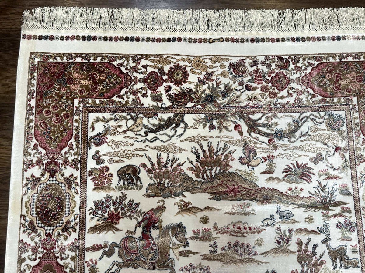 Turkish Silk Hunting Scene Rug 4x6, Ivory, Bamboo Silk, New - Jewel Rugs, view 7