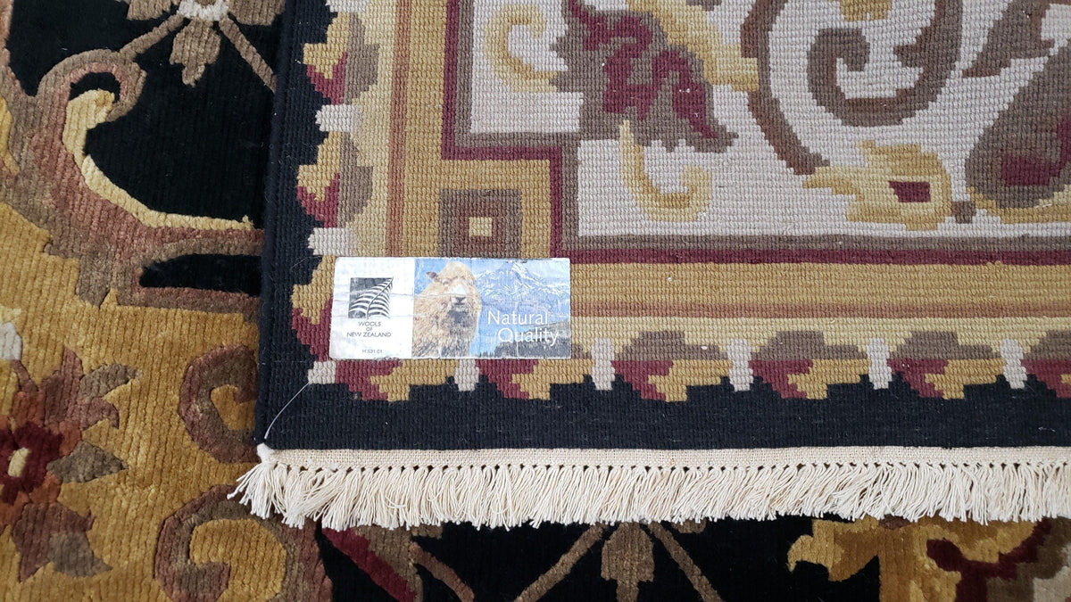 6x9 Nepalese Rug, Aubusson Savonnerie Area Rug 6 x 9 with Soft Pile, Hand-Knotted Wool Black & Beige Tibetan New Carpet European Design - Jewel Rugs, view 11