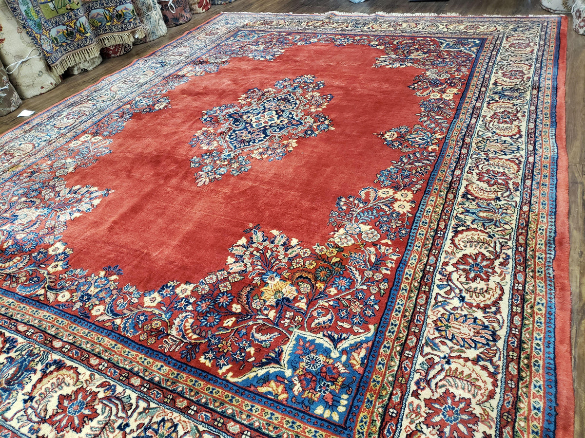 Semi Antique Persian Sarouk Rug 9x12, Semi Open Field with Central Medallion, Hand Knotted Wool, Tomato Red, 9 x 12 Authentic Oriental Carpet - Jewel Rugs, view 3