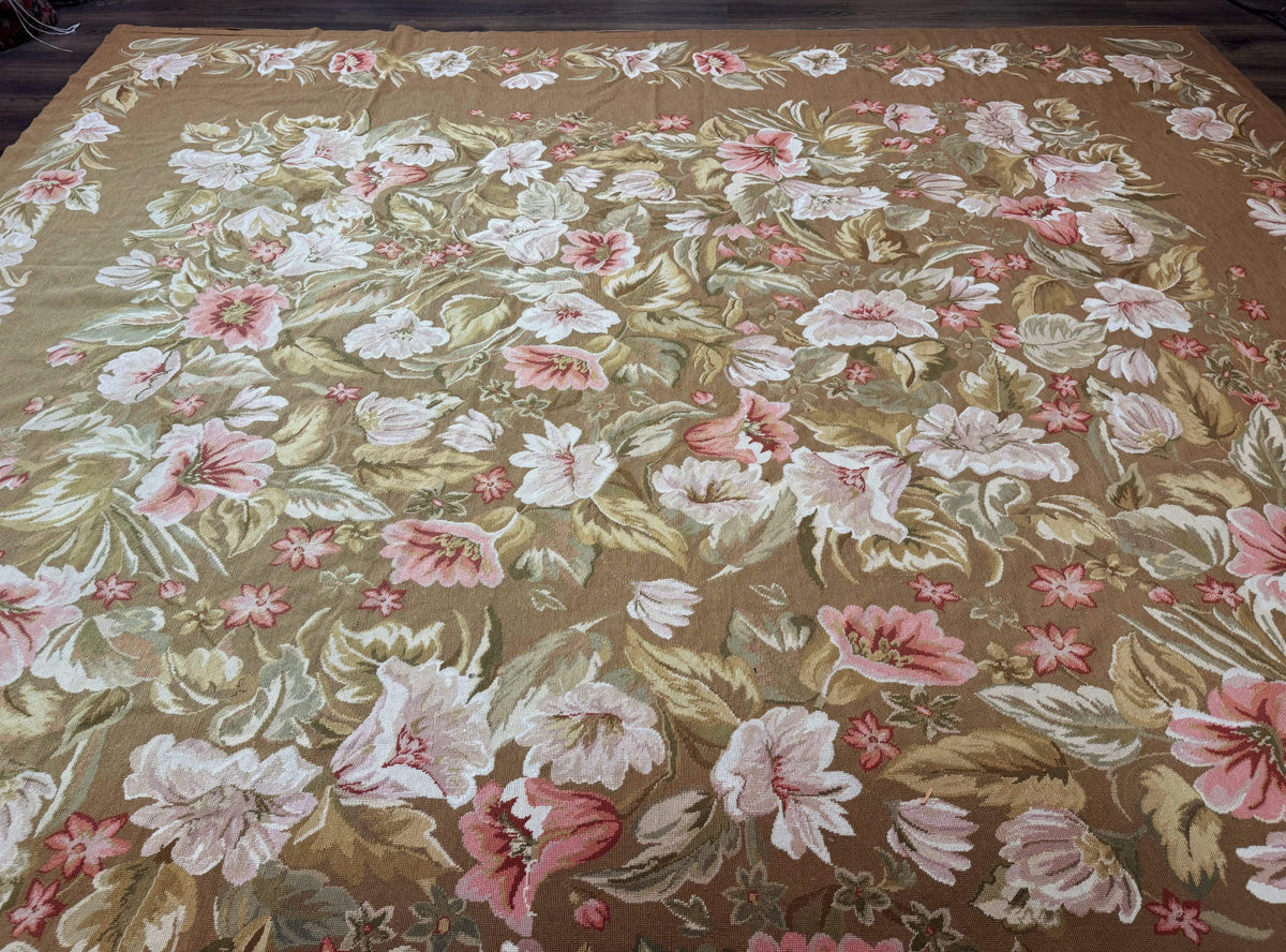Large Needlepoint Rug 11x14, Vintage Floral Wool Carpet, Caramel - Jewel Rugs, view 11
