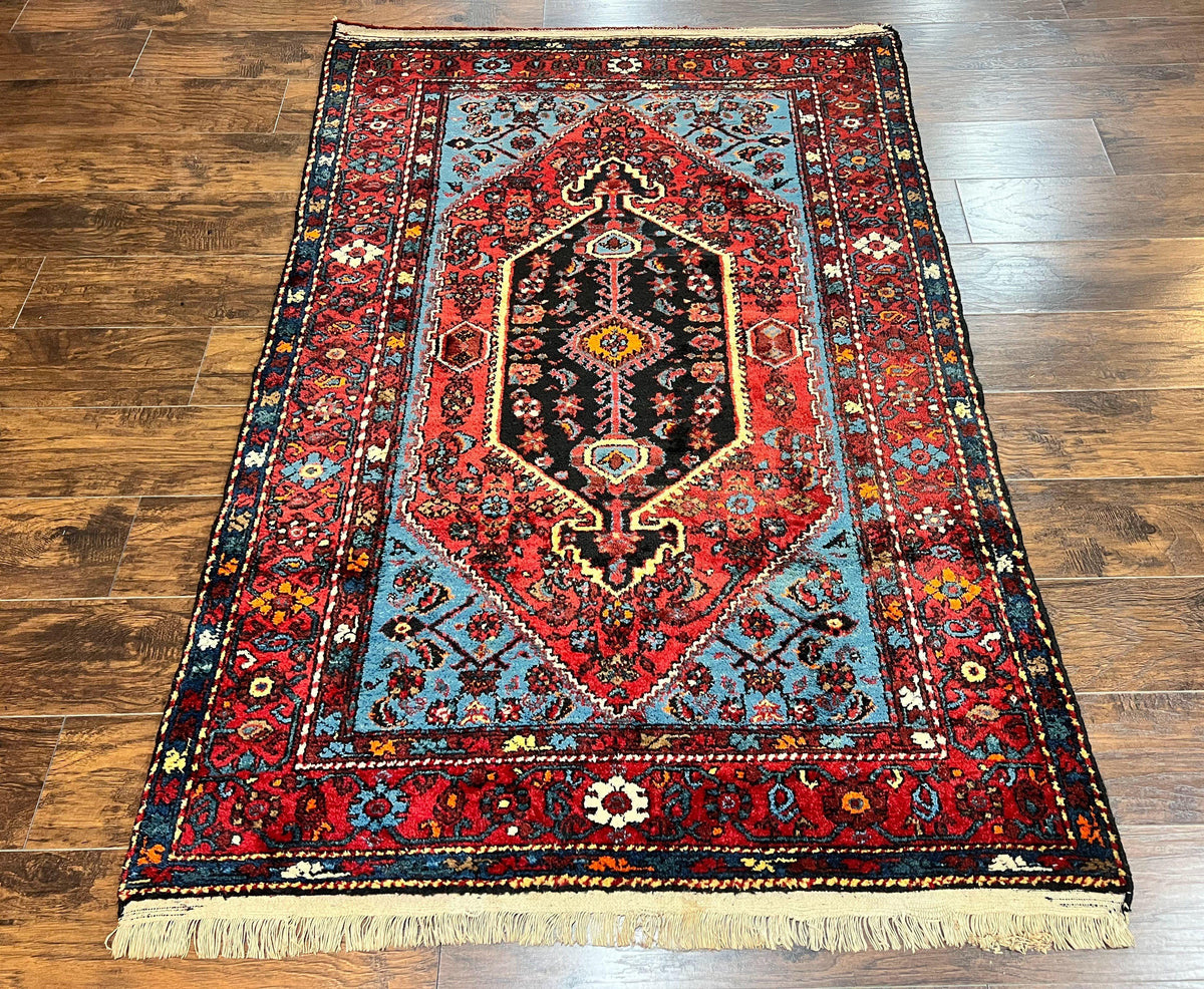 Antique Persian Tribal Rug 4x7, Wool Handmade 1920s Carpet, Red Blue, Persian Hamadan Rug - Jewel Rugs