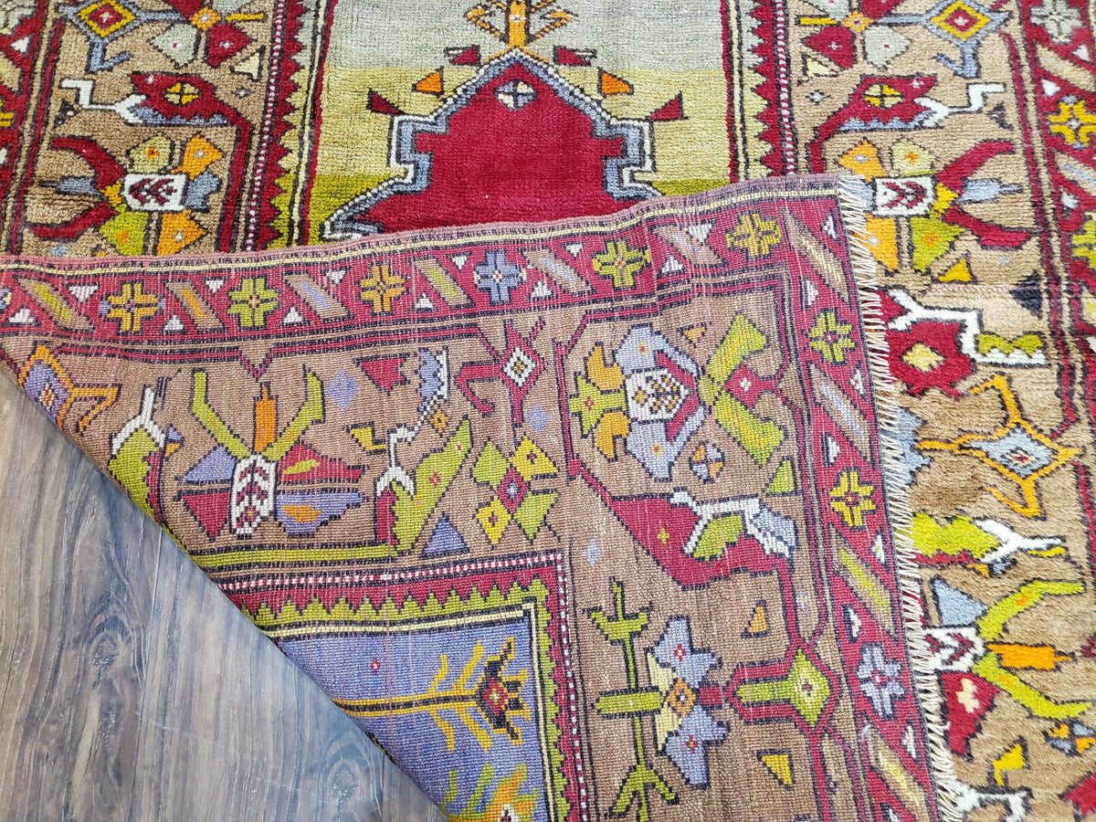 Antique Turkish Prayer Rug 3.8 x 5ft, Colorful Prayer Rug, Red Blue Gold Multicolor Turkish Anatolian Carpet, Handmade Hand-Knotted, Wool - Jewel Rugs, view 11