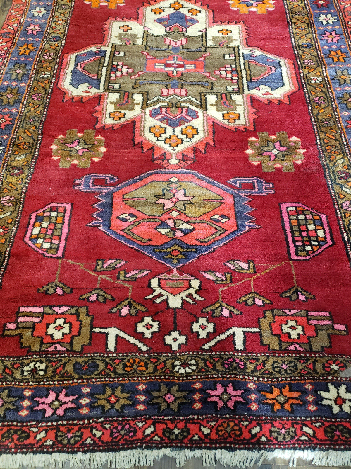 Antique Persian Karajeh Runner Rug 4.4 x 11 ft, Red Colorful Geometric Medallion Runner - Jewel Rugs, view 6