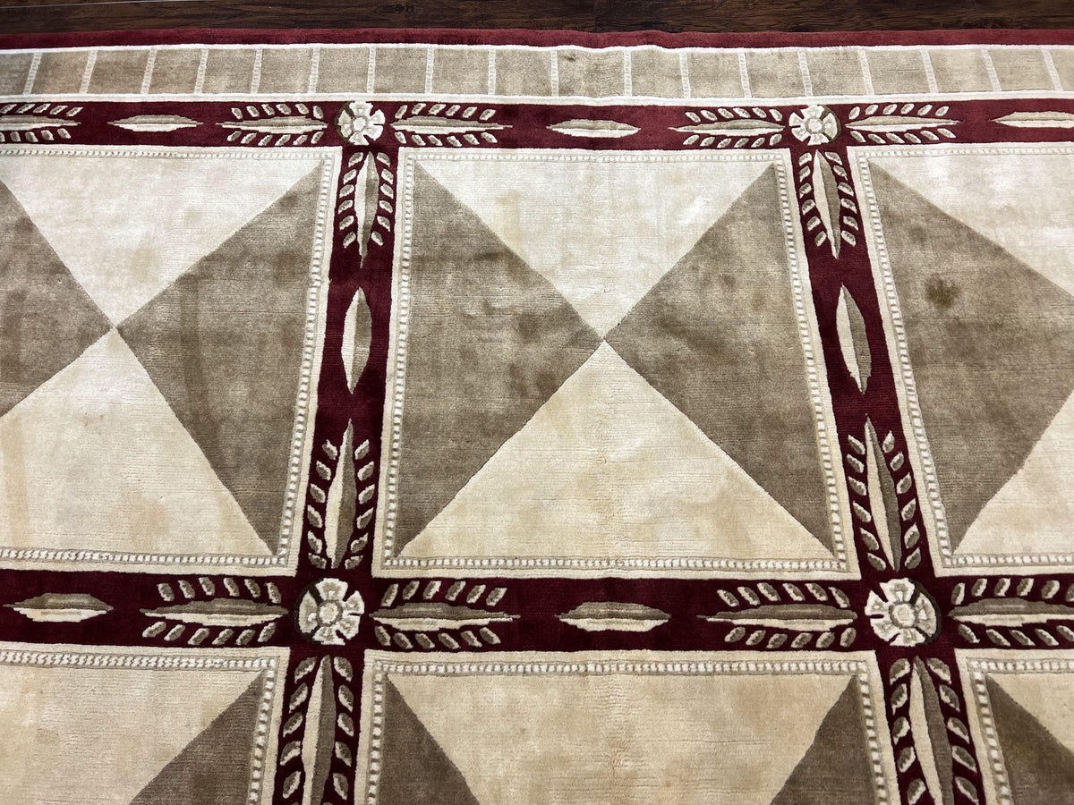 Indo Tibetan Rug 10x14, Nepali Carpet, Large Soft Wool Area Rug, Olive Tan Maroon, Contemporary Rug 10 x 14 ft Living Room Rug, Handmade Rug - Jewel Rugs, view 4