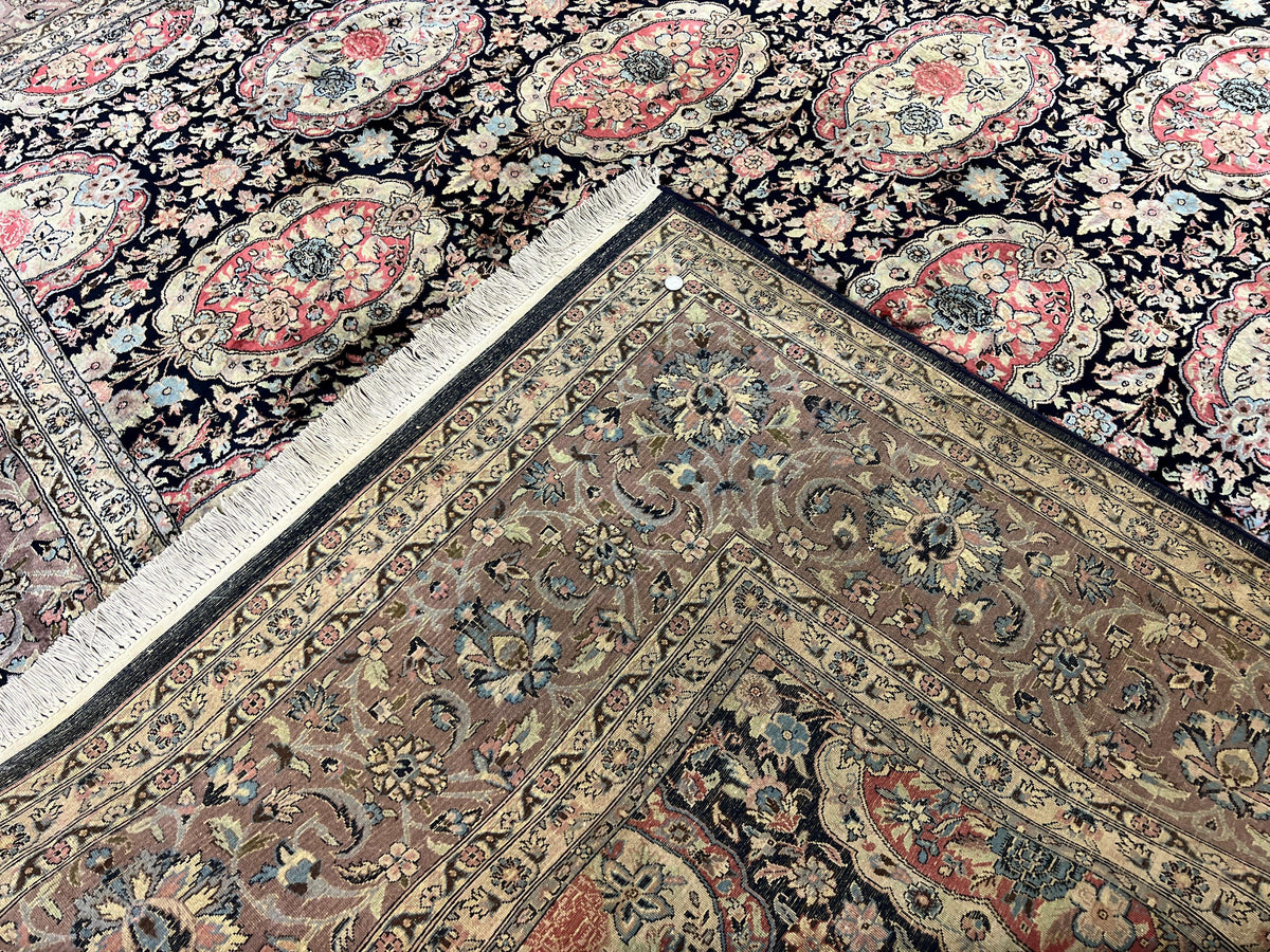 Sino Persian Rug 9x12, Navy Blue and Pink Hand Knotted Wool and Silk Highlights Vintage Oriental Carpet, Handmade Floral Area Rug 9 x 12 ft - Jewel Rugs, view 11