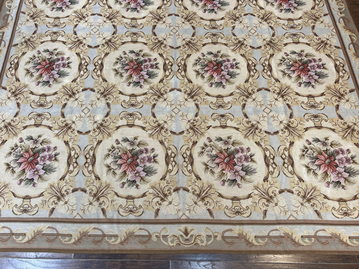 Chinese Needlepoint Rug 8x11, Handmade Wool Needlepoint Carpet, Vintage, Sky Blue - Jewel Rugs, view 6