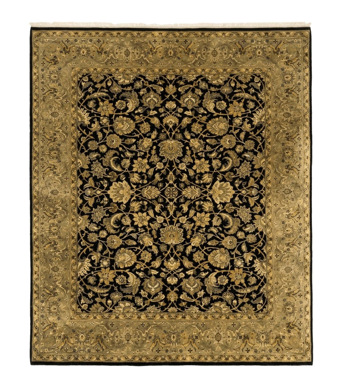 Indo Persian Rug 8x10, Black and Green, Wool, Handmade, Traditional, Floral Allover, Vintage - Jewel Rugs