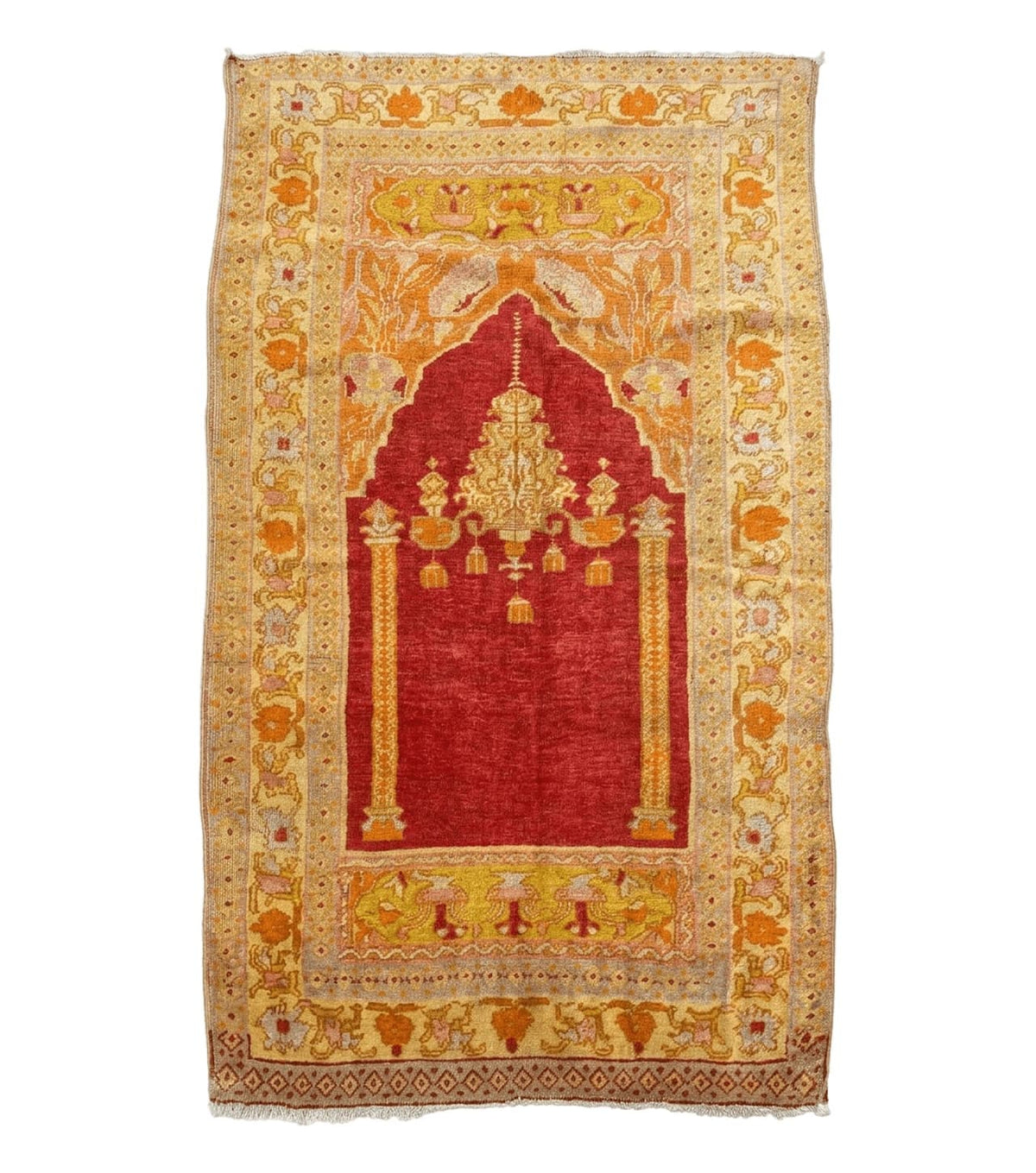 Antique Turkish Prayer Rug 4x6, Red and Golden Mustard, Mihrab Design, Anatolian Carpet - Jewel Rugs