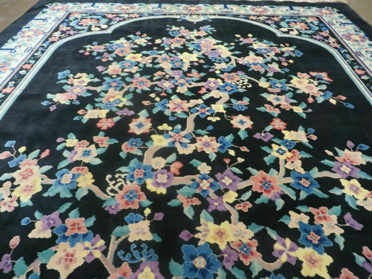 Black Chinese Wool Rug 8x10, Art Deco Floral Carpet, Soft Plush Pile - Jewel Rugs, view 5