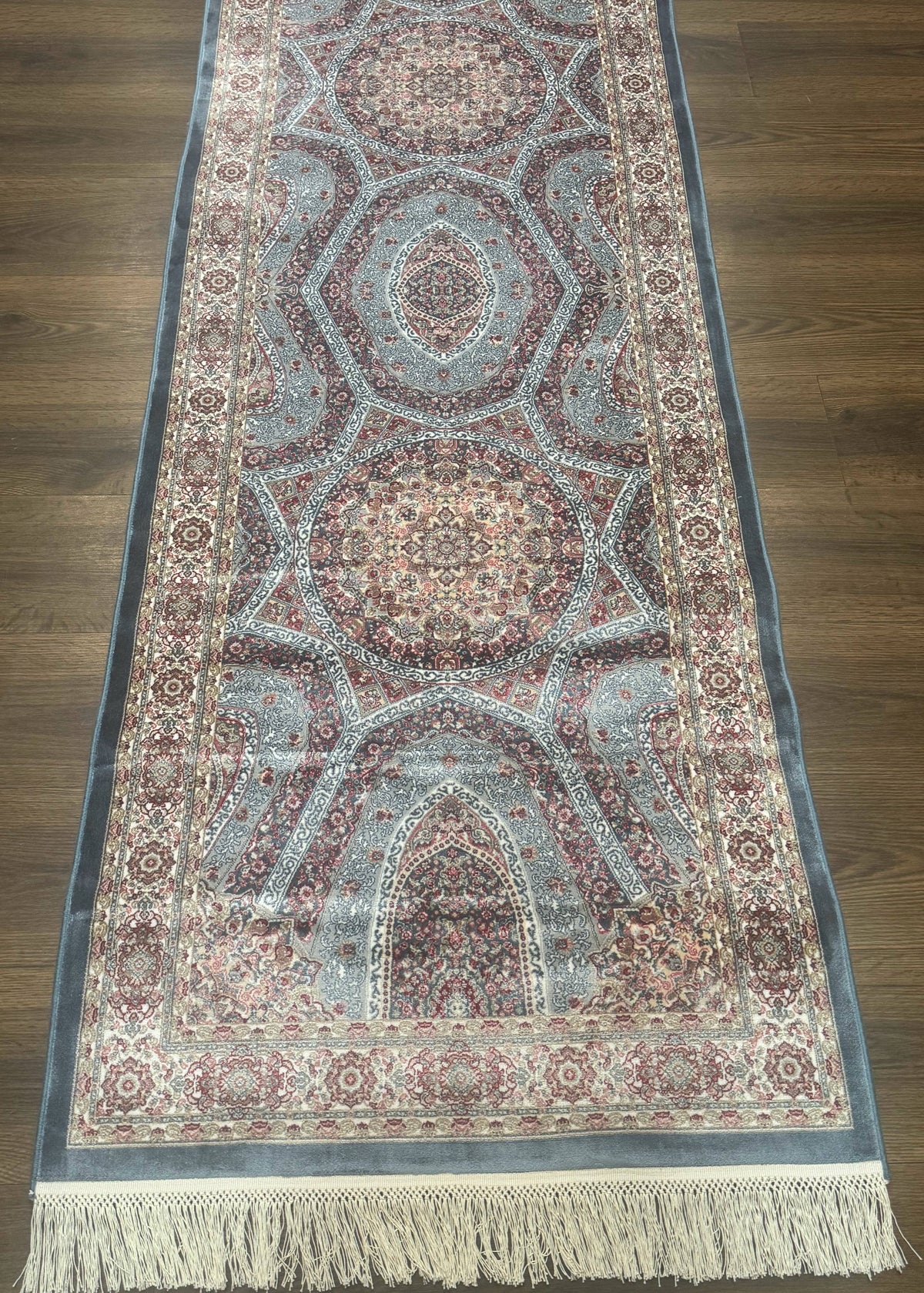 Turkish Silk Runner Rug 2.6 x 13, Blue Runner Rug, Dome Design, Bamboo Silk, New - Jewel Rugs, view 9