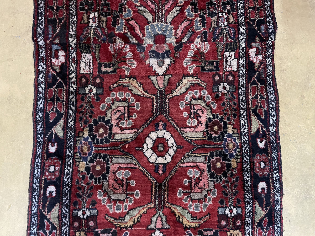 Antique Persian Hamadan Runner Rug 3.4 x 9, Red, Handmade Wool Runner - Jewel Rugs, view 6