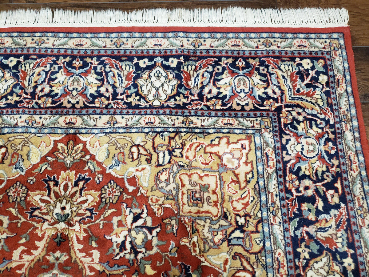 Vintage Indo Persian Oriental Rug 6 x 9.6, Wool Hand-Knotted Red Dark Blue & Gold Indian Carpet, 6 x 9 Office Room Rug, Floral Medallion - Jewel Rugs, view 7