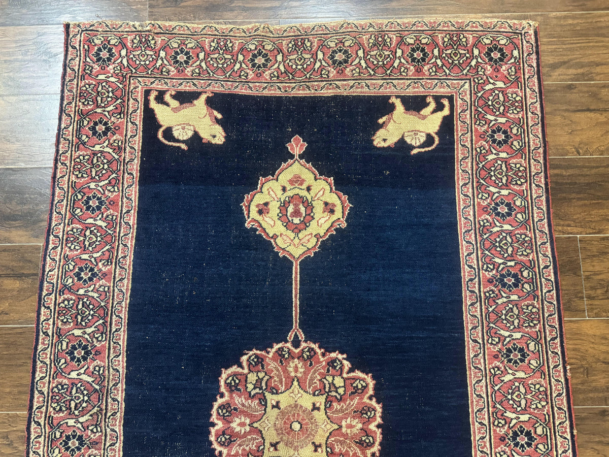 Antique Persian Mashad Rug 4x6, Semi Open Field, Navy Blue, Lion Pictorials, Triple Medallion, Dorokhsh Rug - Jewel Rugs, view 4