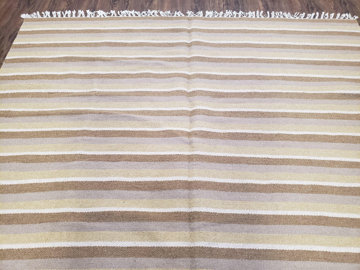 New Indian Striped Blanket, Multicolor Earthern Tones Kilim Rug, Wool Handmade South American Style Blanket, Queen Sized Bedspread 5x8 - 6x8 - Jewel Rugs, view 4