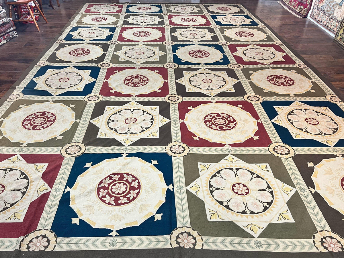 Needlepoint Rug 11x19, Oversized Wool Hand Woven Vintage Carpet, Panel Design, Palace Size Handmade Flatweave Rug, Extra Large, Multicolor - Jewel Rugs