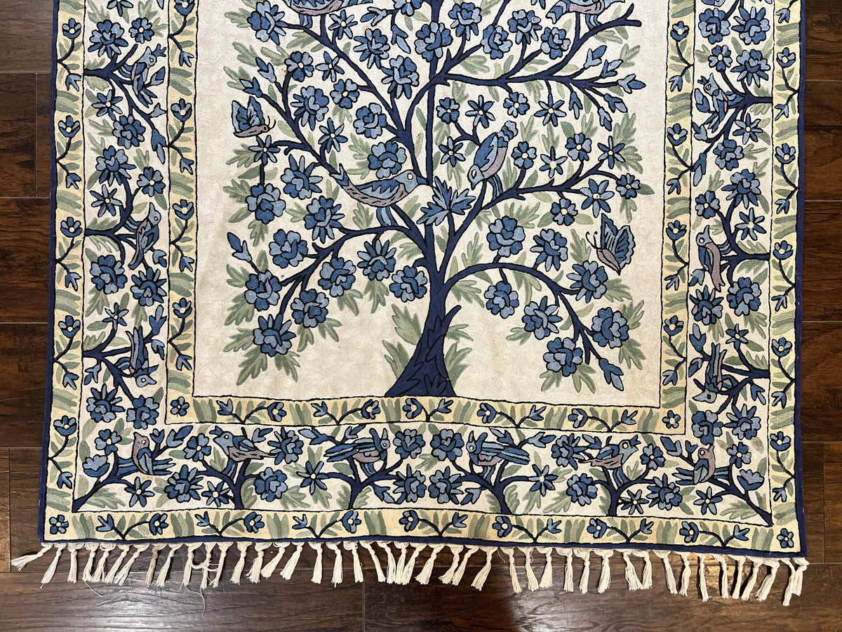 Tree of Life Indian Hand Stitched Rug 4x6, Indian Wall Hanging Rug, Ivory Blue, Silk on Cotton, Vintage - Jewel Rugs, view 6