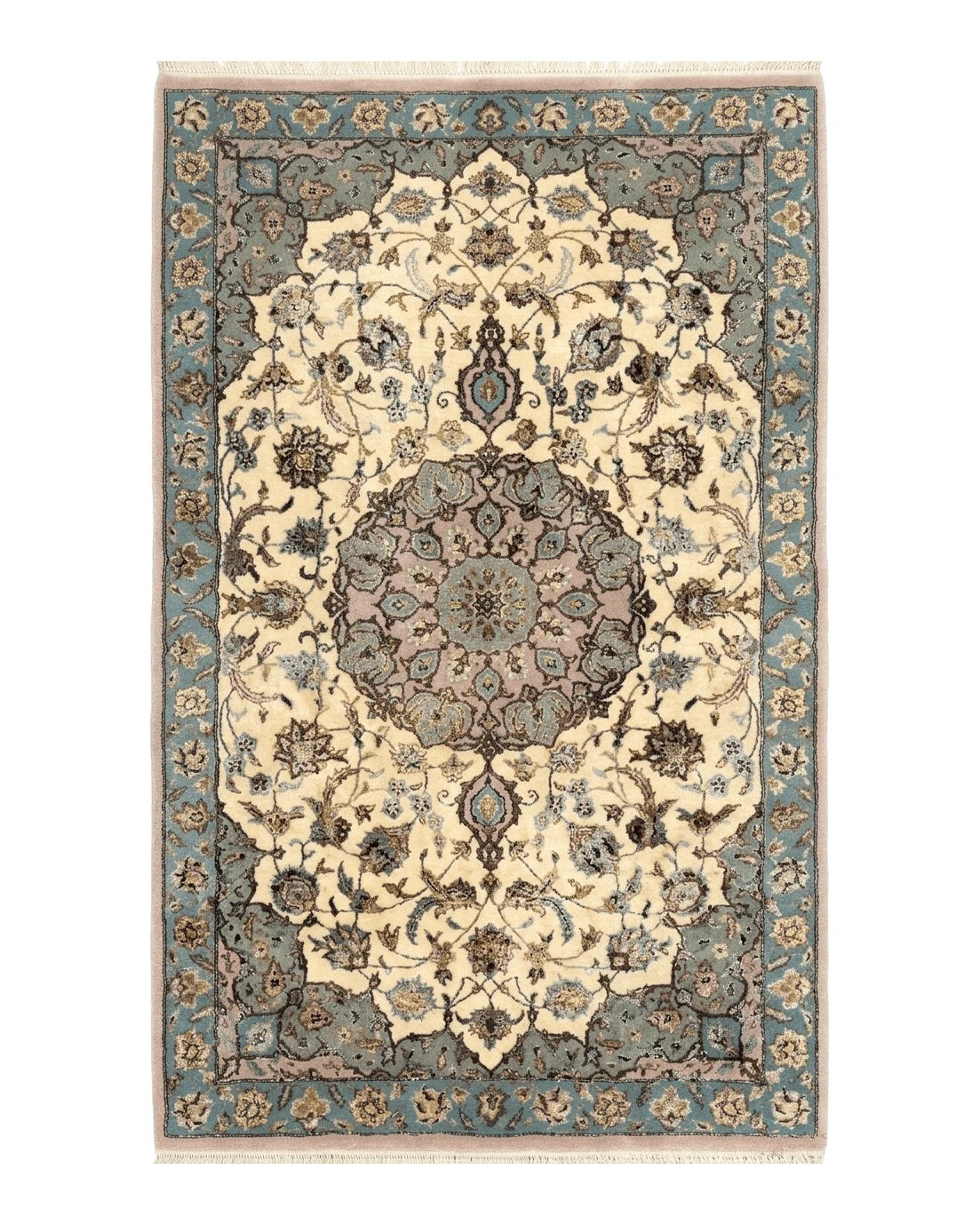 Persian Isfahan Rug 3x5, Fine 310 KPSI, Kork Wool Silk Foundation, Cream & Light Green - Jewel Rugs