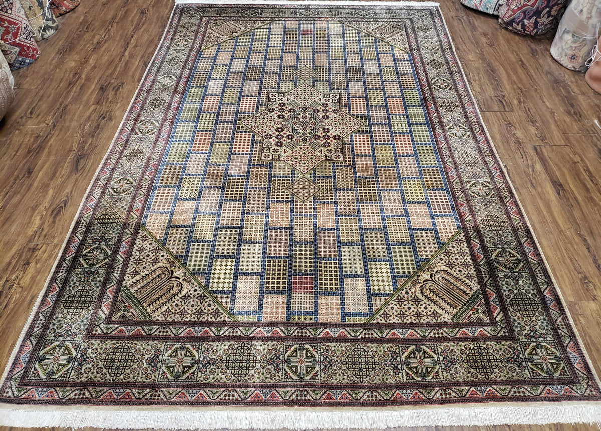 Sino Persian Silk Rug 6.4 x 9.9, Very Fine Hand Knotted Carpet, Panel Design Multicolor, Silk Pile on Silk Foundation, Handmade Vintage - Jewel Rugs, view 2