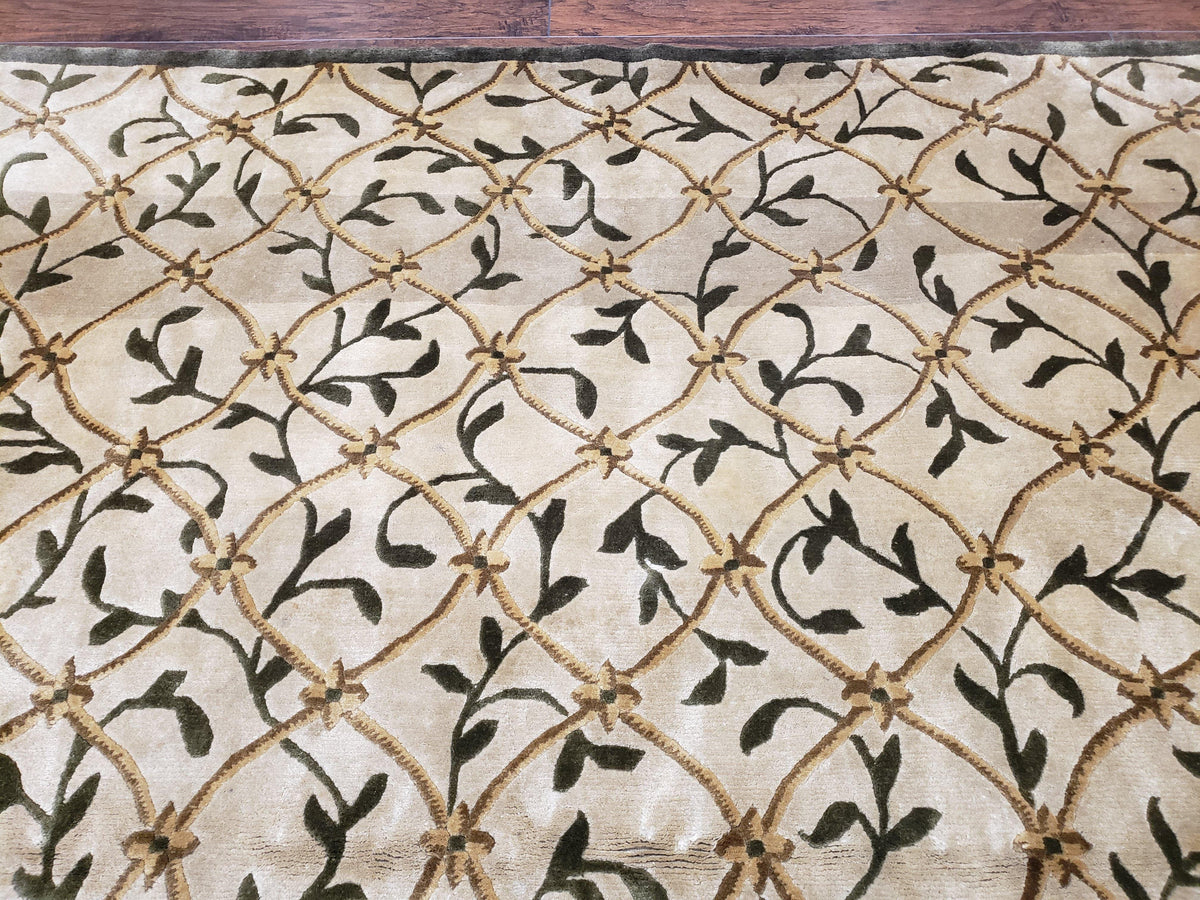 Vintage Tibetan Nepalese Area Rug 9x12, Wool Hand-Knotted, Beige Nepali Soft Pile Carpet, 9 x 12 Living Room Modern Dining Room Rug - Jewel Rugs, view 3