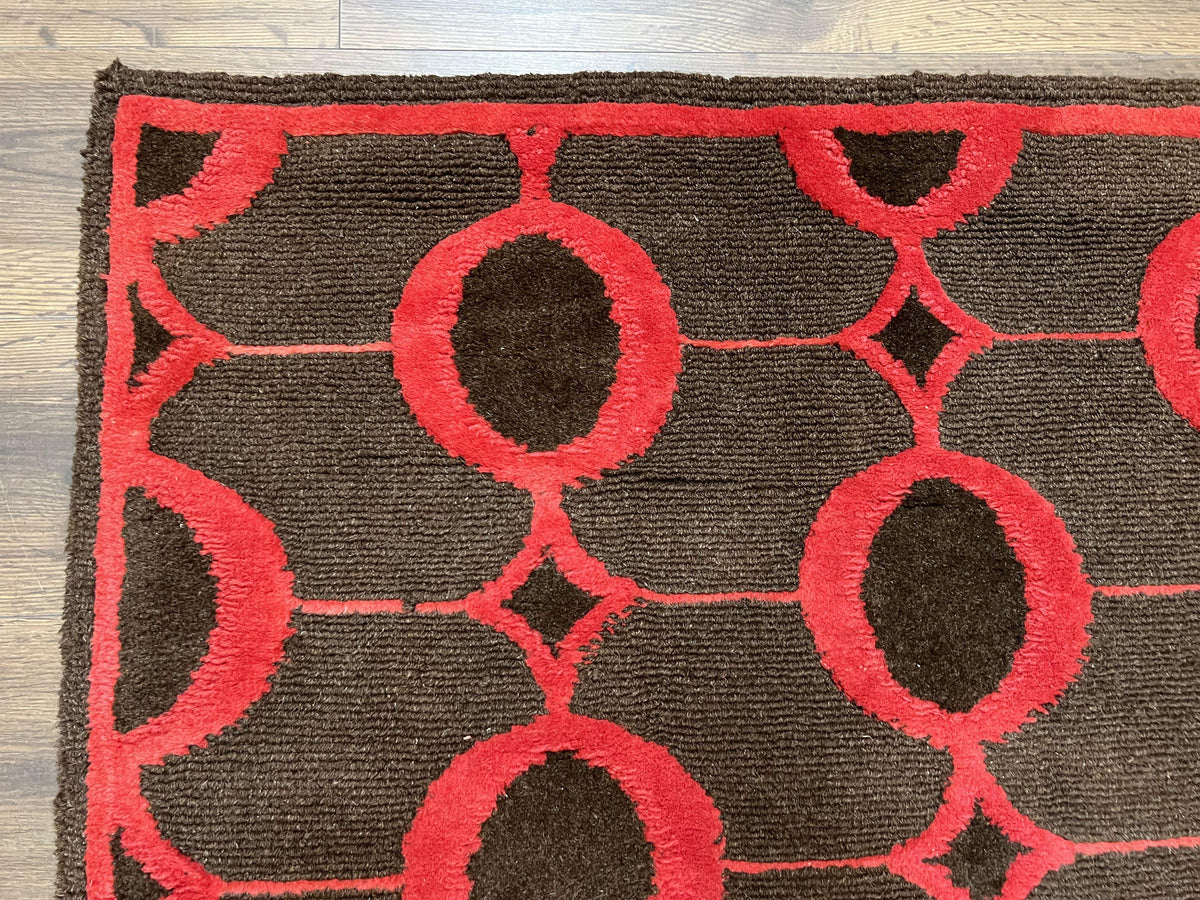 Modern Tibetan Rug 3.8 x 5.7, Raspberry Red and Dark Brown, Abstract Circle Design, Hand Knotted, Soft Wool Handmade Tibet Nepali Carpet 4x6 - Jewel Rugs, view 7