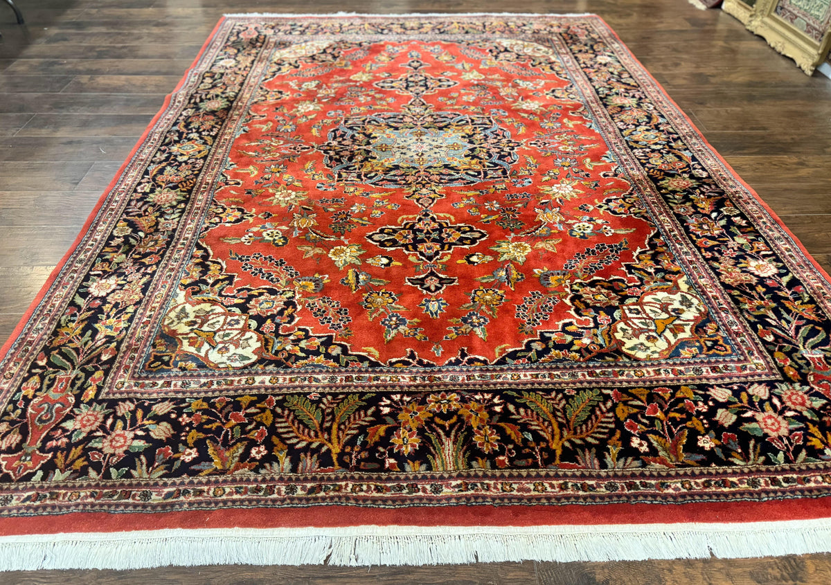 Indo Persian Rug 7x10, Vintage Handmade Wool Carpet, Floral Medallion Traditional Rug, Red and Midnight Blue - Jewel Rugs, view 13