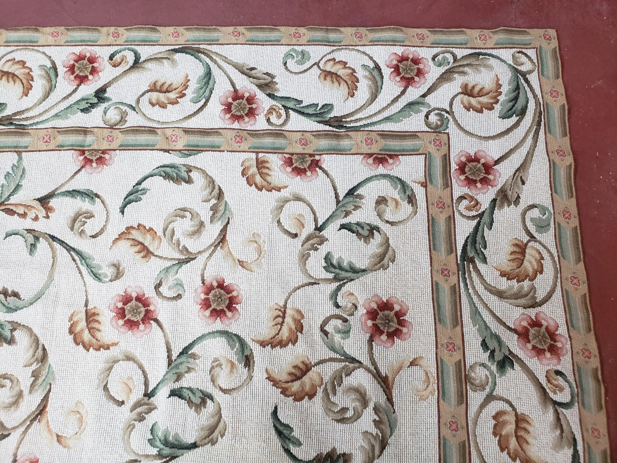 Needlepoint Rug 9x12, European Aubusson Design, Floral Allover Garden Pattern, New Needlepoint Area Rug, Ivory Rug, Hand Woven, Flatweave - Jewel Rugs, view 8