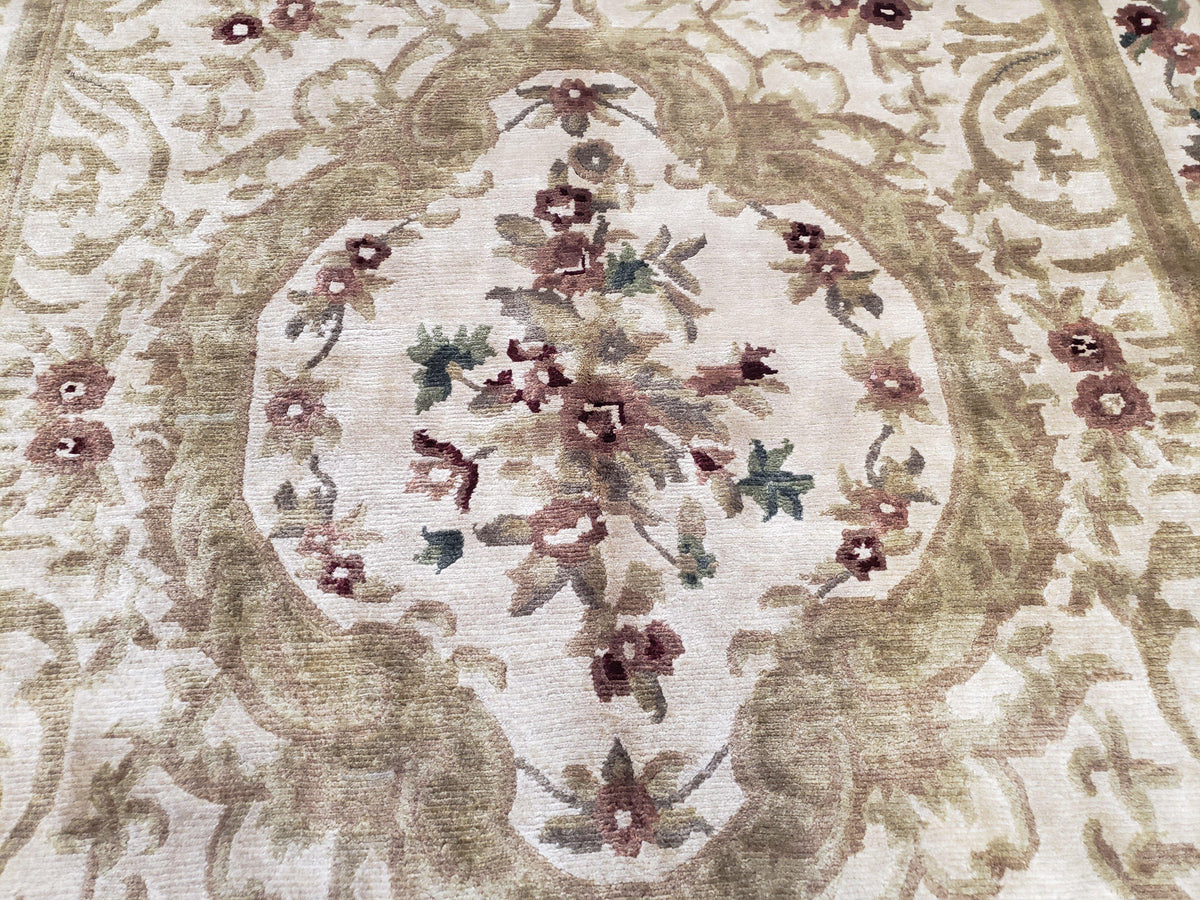 Vintage Nepali Tibetan Aubusson Rug 6x9, Wool Hand-Knotted Cream Beige Carpet, Leaves & Floral Pattern 6 x 9 Soft Area Rug Home Office Rug - Jewel Rugs, view 5