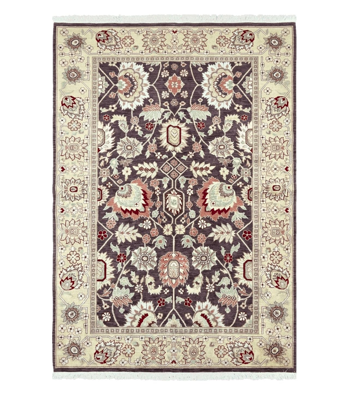 Vintage Indo Mahal Area Rug 6x9, Indian Persian Oriental Carpet 6 x 9, Puce Eggplant Tan Beige Rug, Hand-Knotted, Large Floral Design Wool - Jewel Rugs