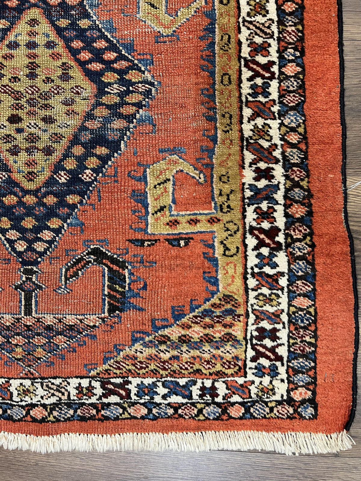 Rare Persian Tribal Runner Rug 3 x 11, Sarab Serab Persian Runner, Antique 1920s Collectible Geometric Medallions Oriental Wool Runner, Hand Knotted, Bright Orange-Red - Jewel Rugs, view 9
