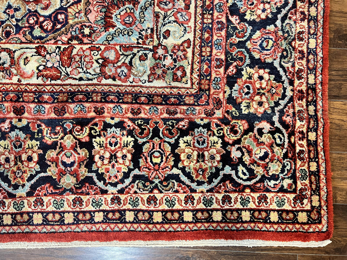 Persian Sarouk Rug 11x14, Semi Open Field, Large Antique Persian Wool Handmade Carpet, Red and Dark Blue, Floral - Jewel Rugs, view 9
