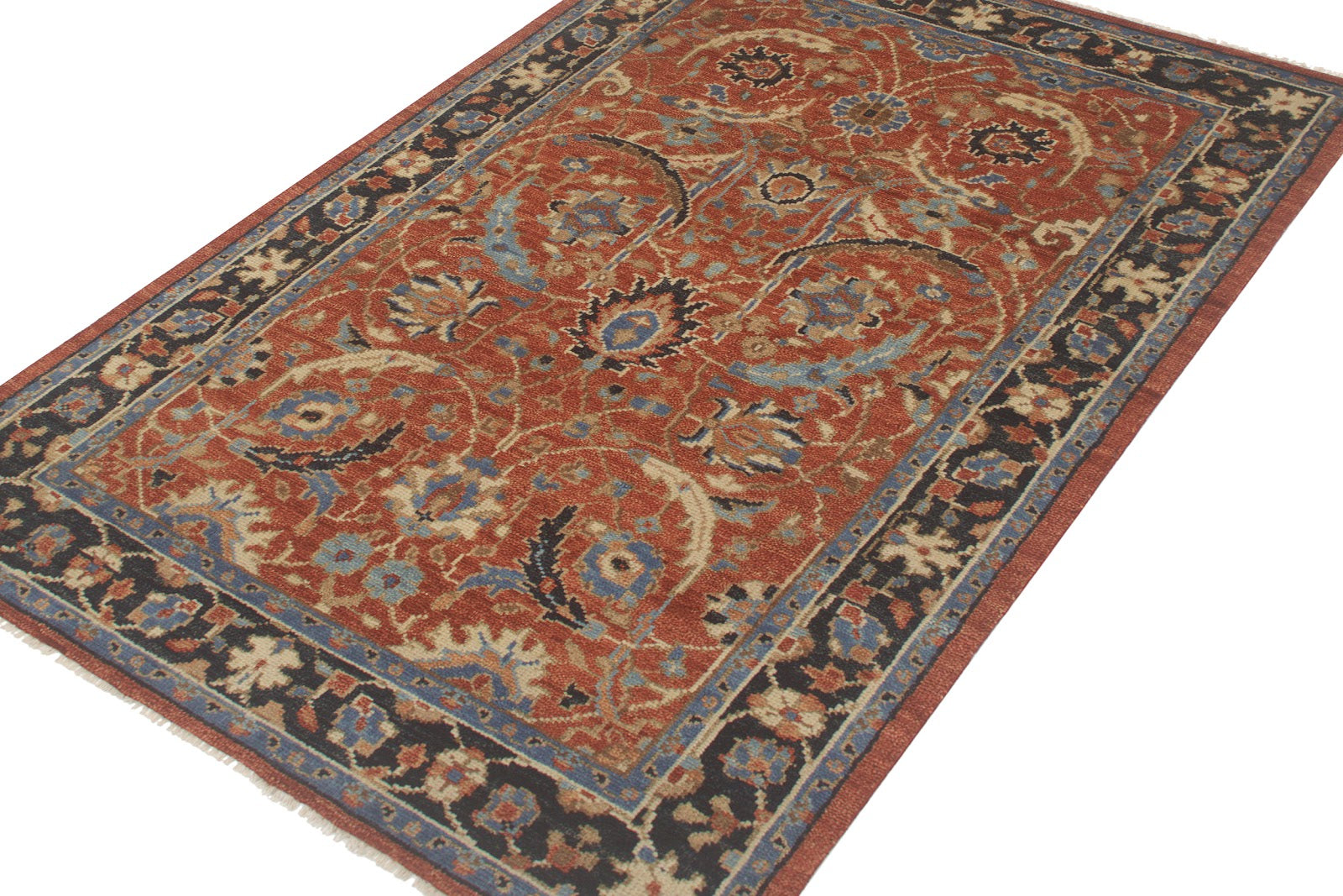 Traditional Persian Hand Knotted New Zealand Wool Rug | Rust & Blue Floral Vintage Area Rug — 2x3 ft'