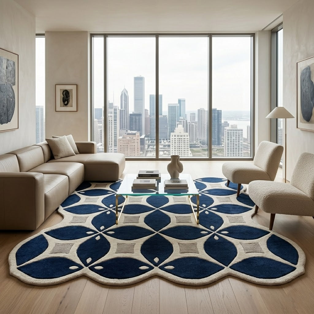 Navy Blue Geometric Hand Tufted Wool Rug | Irregular Trellis Area Rug — 2x3 ft'