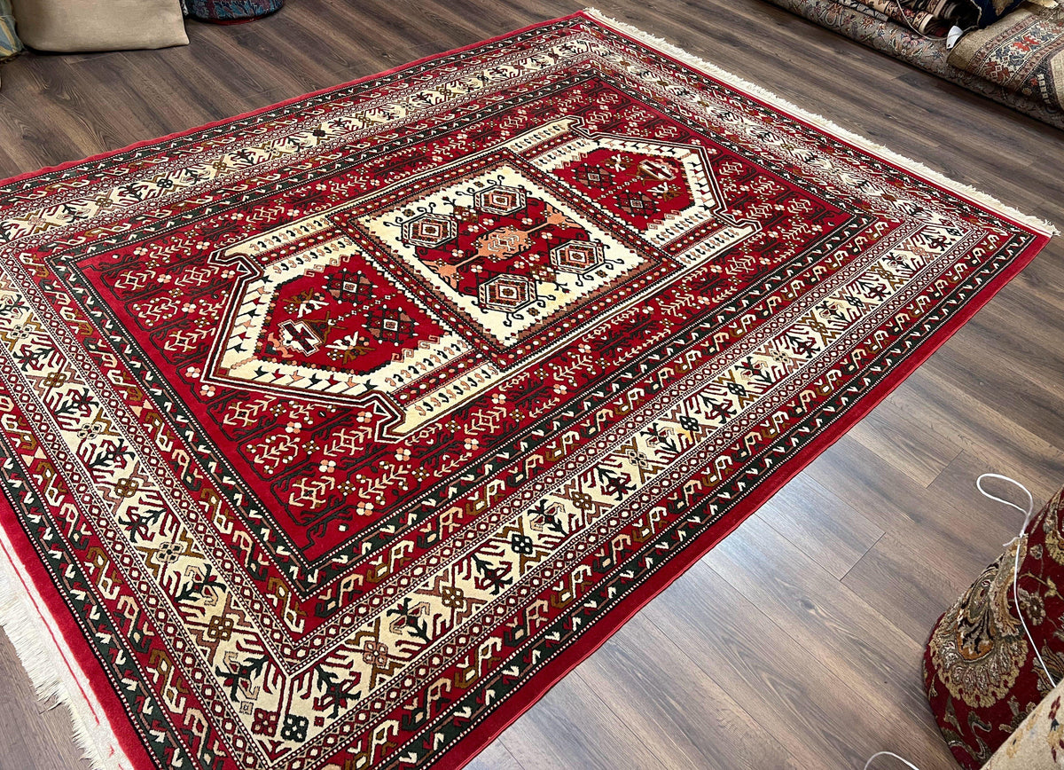 Wool Kazak Pattern Rug 7x10, Geometric Pakistani Hand Knotted Carpet, Large Medallion, Red Cream Dark Green, Room Sized Vintage Oriental Rug - Jewel Rugs, view 2