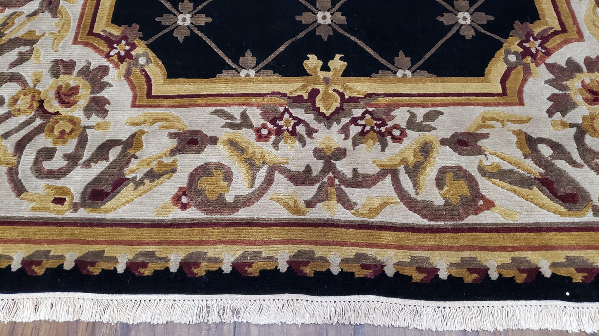 6x9 Nepalese Rug, Aubusson Savonnerie Area Rug 6 x 9 with Soft Pile, Hand-Knotted Wool Black & Beige Tibetan New Carpet European Design - Jewel Rugs, view 6