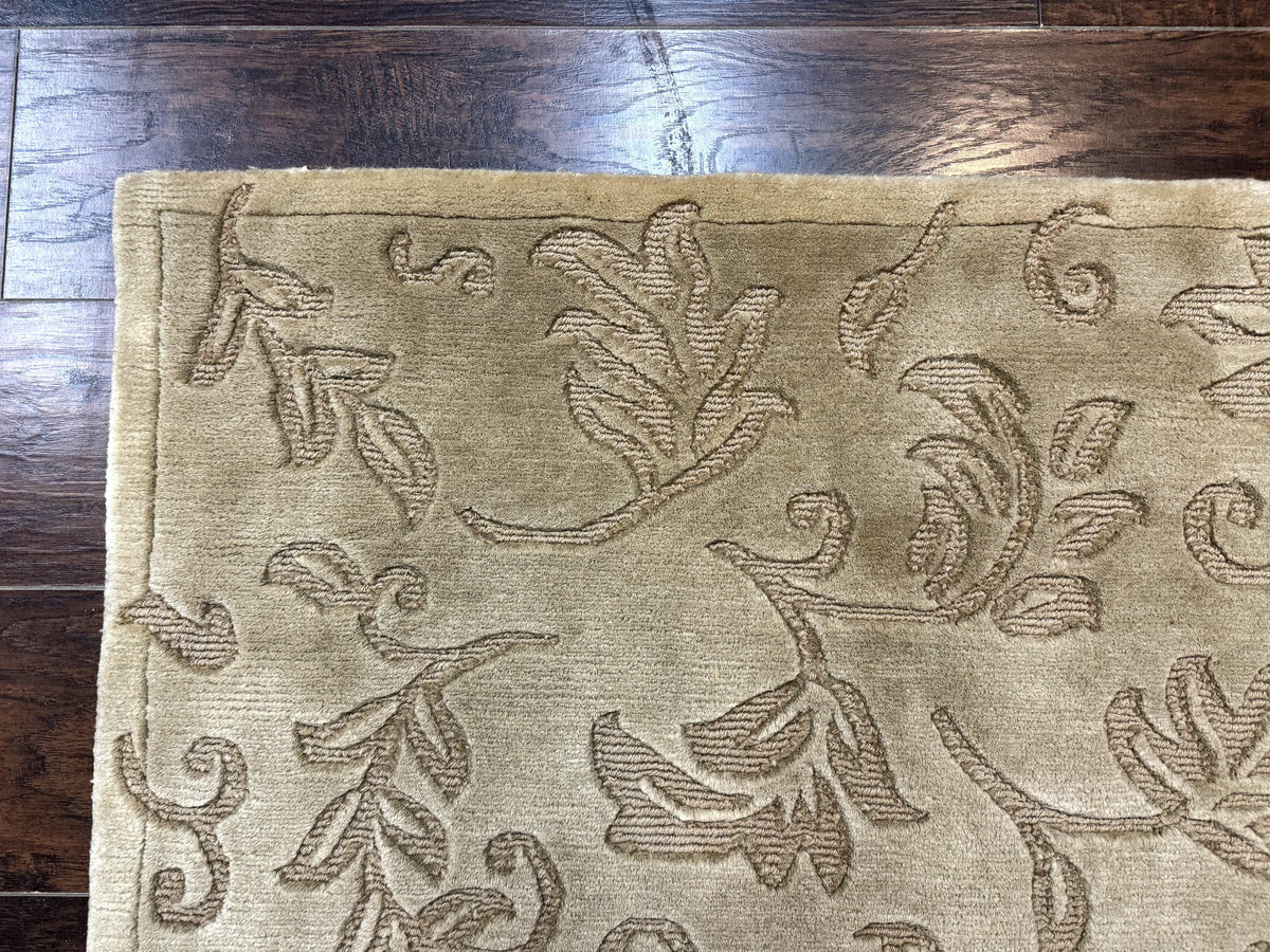 Modern Tibetan Rug 3.7 x 5.5, Carved Floral Design, Wool and Silk Highlights - Jewel Rugs, view 7